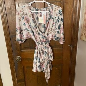 Dress Forum Floral Wrap Dress/Romper in Cream and Green/light pinks